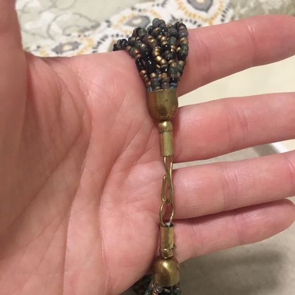 Beaded knot necklace, golds, teal and black - Picture 5 of 5